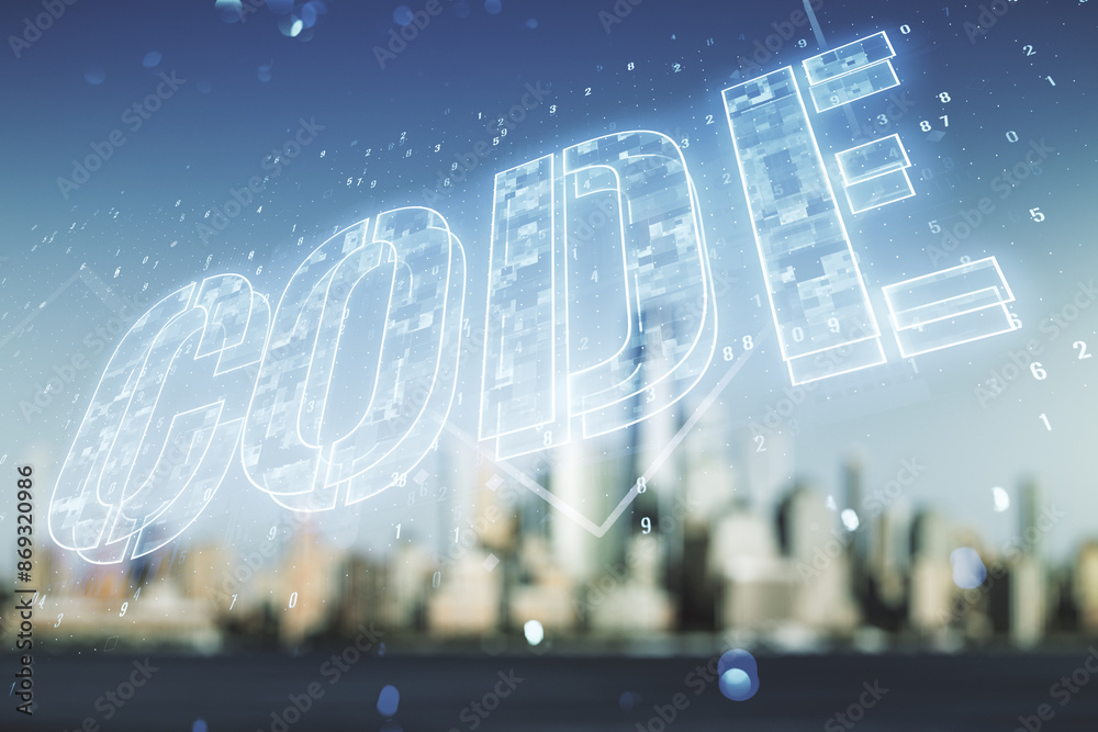 Poster code word hologram on blurry skyscrapers background, international software development concept. mul