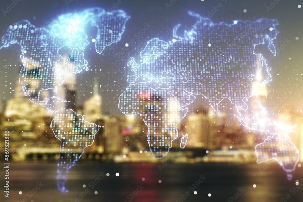 Poster multi exposure of abstract creative digital world map hologram on blurry cityscape background, resea