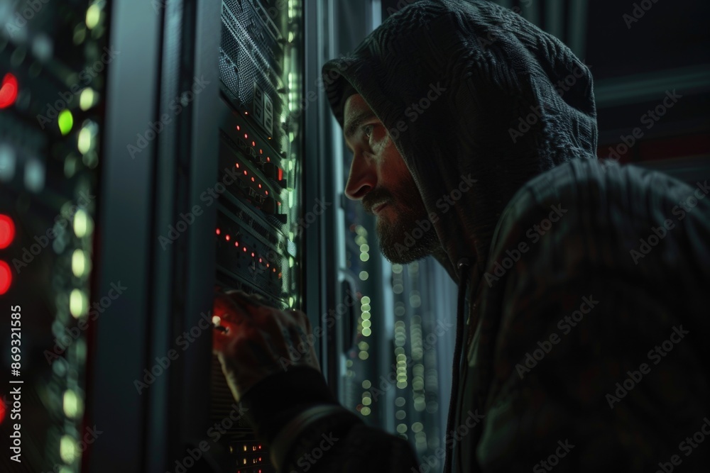 Poster A person in a hoodie works on a computer server, with cables and screens in the background