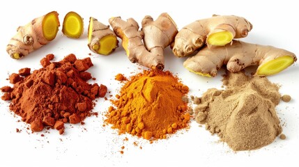 A collection of turmeric and various spice powders on display