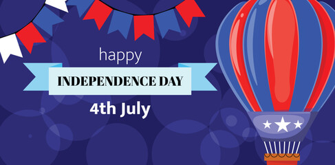 Independence Day banner with a hot air balloon, decorative garland and ribbon