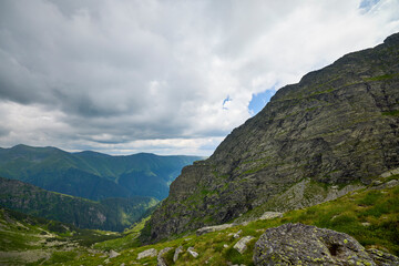 Landscape with the Fagarasi mountains in Romania on a summer day.