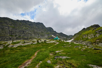 Landscape with the Fagarasi mountains in Romania on a summer day.
