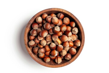A wooden bowl filled with various nuts on a white background, suitable for use in still life photography or as a prop
