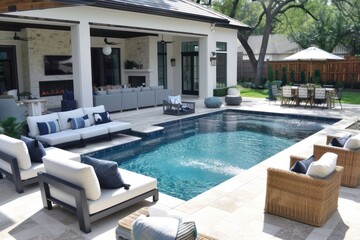 Modern backyard oasis furniture patio architecture.