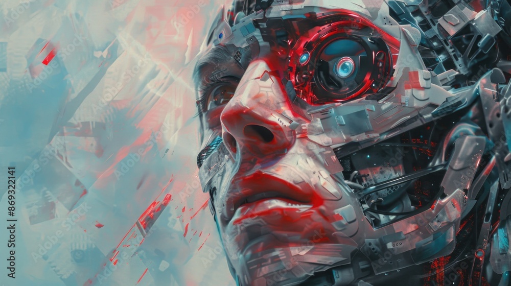 Poster a detailed view of a human face transformed into a robotic appearance