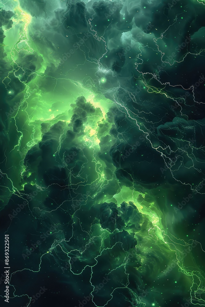 Poster a background dark stormy with neon green lightning. generative ai.