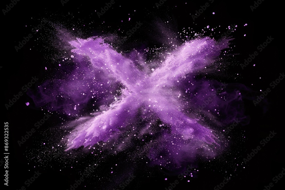 Poster a vibrant purple powder explosion takes the shape of a butterfly, creating a whimsical and colorful 