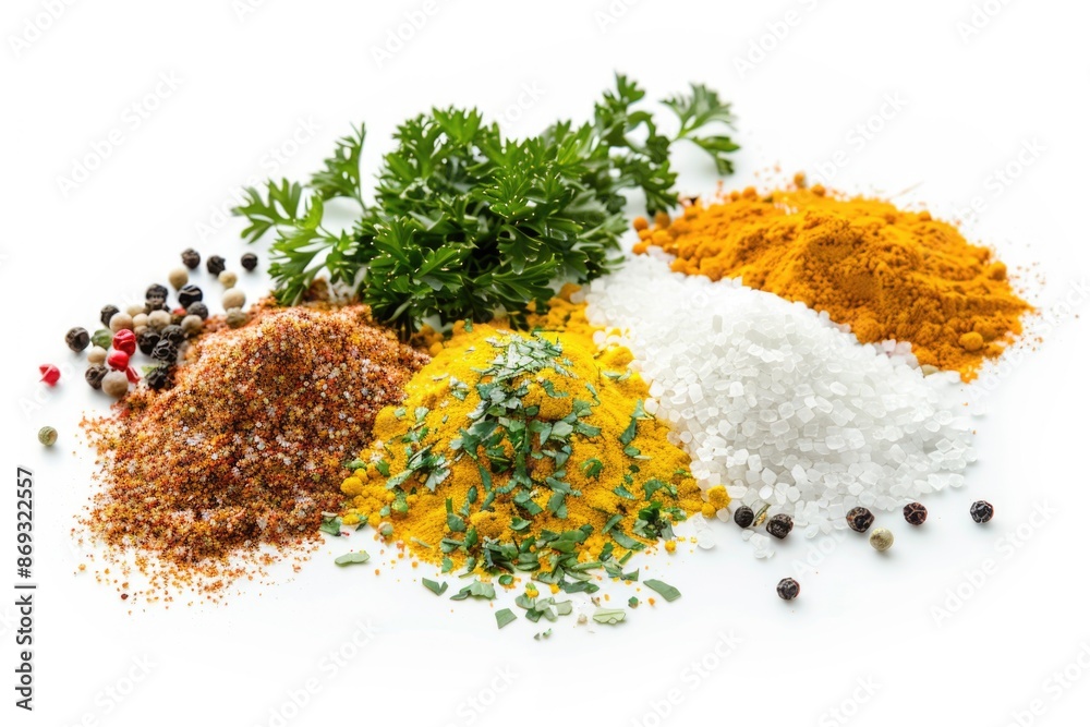 Poster a selection of various spices and herbs arranged on a white surface
