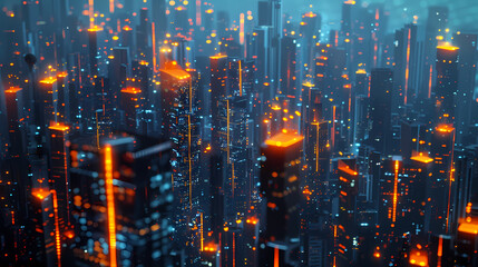 Futuristic cityscape with glowing digital lines and skyscrapers