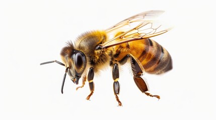 Close-up view of a single bee on a white background