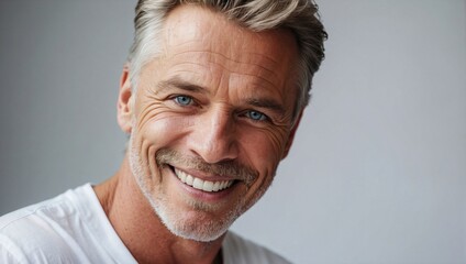 Obraz premium Smiling older Caucasian man with grey hair and blue eyes, wearing a white t-shirt, exuding warmth and friendliness against a plain background.