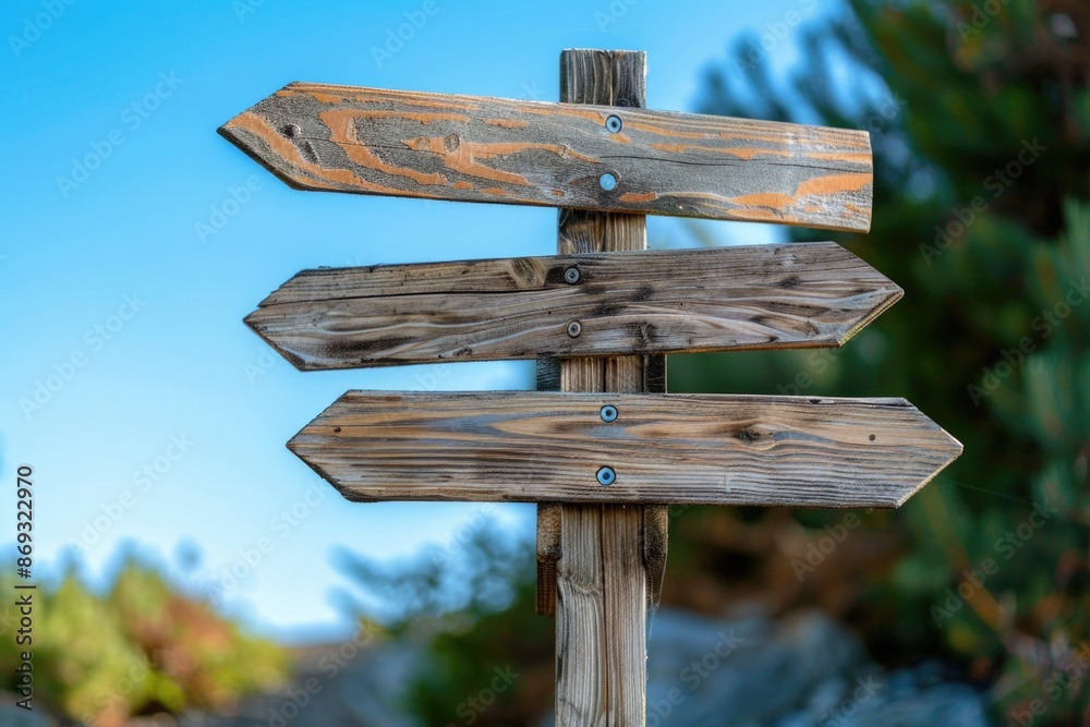 Poster a wooden sign featuring multiple arrows pointing in diverse directions