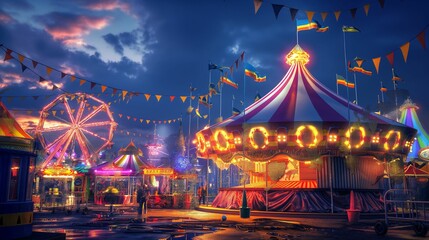 Colorful carnival scene at night with a carousel, Ferris wheel, and festive lights.