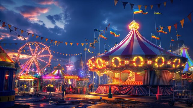 Colorful carnival scene at night with a carousel, Ferris wheel, and festive lights.