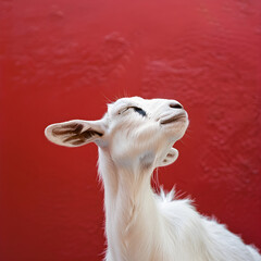 White goat with its eyes closed, raising its head and enjoying the sun on a red background