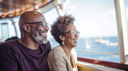 Mature african american couple on cruise ship enjoying the ocean view, copy space