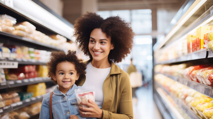 Young POC mother and her child shopping for groceries in supermarket