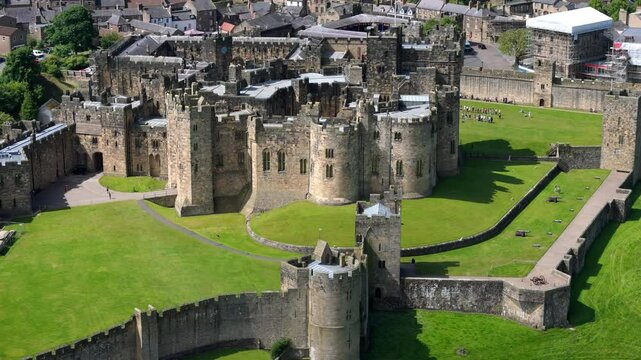 Aerial drone footage of Alnwick Castle in Northumberland in summer