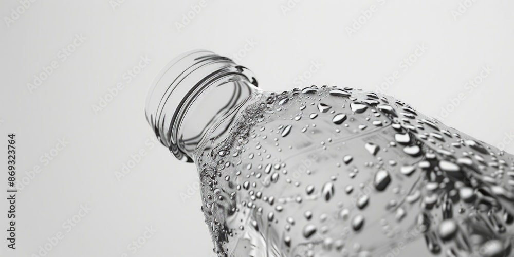 Poster a close-up photo of a bottle of water with water droplets on the surface, suitable for use in advert