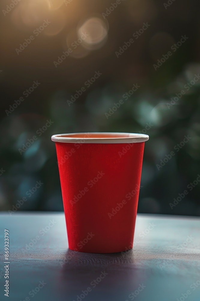 Poster a bright red cup sitting alone on a table, with a simple and clean background
