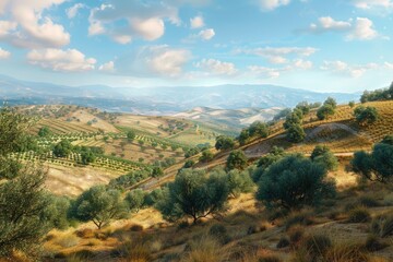 Fototapeta premium A serene valley scene with trees and rolling hills in the background, ideal for use in travel or nature-related contexts