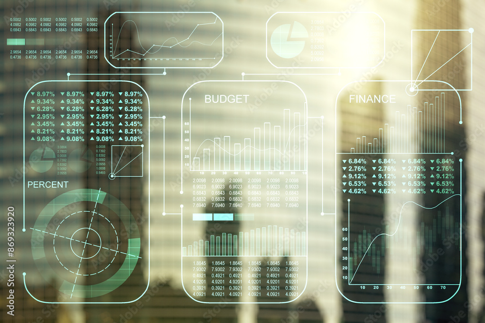 Poster multi exposure of creative statistics data hologram on modern skyscrapers background, stats and anal