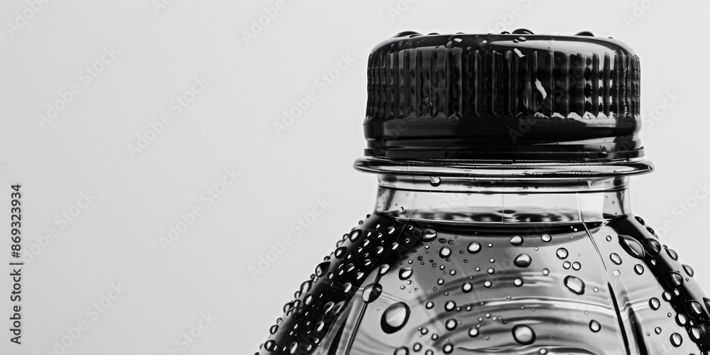 Poster a close-up view of a simple water bottle in grayscale, great for backgrounds or textures
