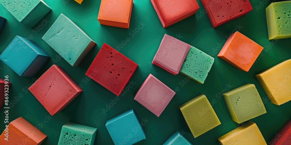 Poster a collection of colorful blocks arranged on a green surface, possibly for creative play or demonstra