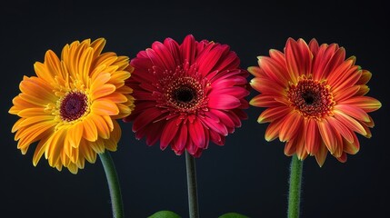 Three colorful flowers in a decorative vase against a dark background