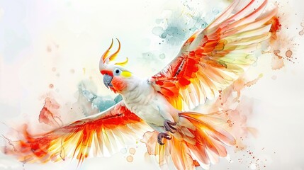 Obraz premium A watercolor painting of a colorful bird in flight, suitable for use in illustrations or designs