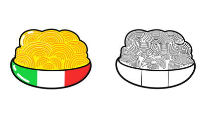 Plate of Spaghetti character outline cartoon illustration for coloring book. Vector hand drawn Spaghetti traditional cartoon vintage, retro, kawaii character. Isolated white background