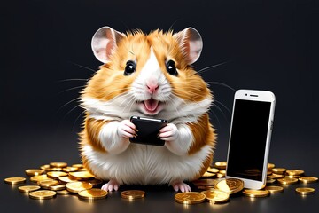 Thrilled hamster surrounded by gold coins and smartphone, denoting financial well-being.