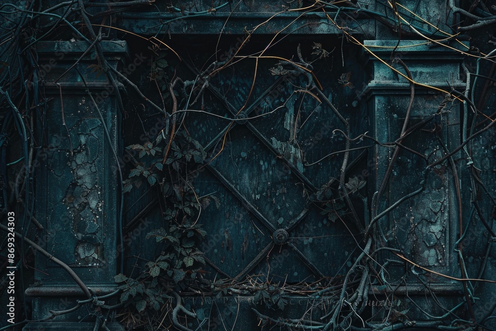 Poster A close-up shot of a building with vines growing on its walls, with lush greenery and natural textures