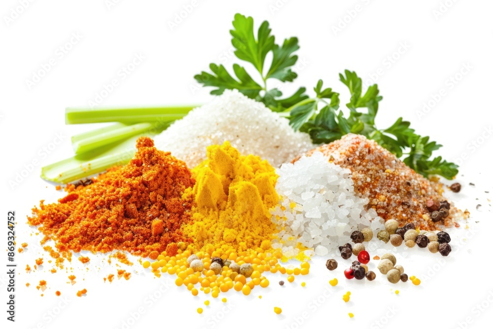 Aufkleber a selection of various spices and herbs displayed on a white surface