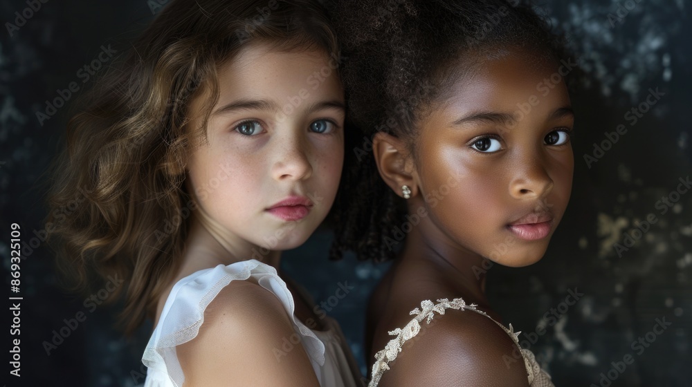 Poster Two smiling young girls posing together, perfect for family or friendship photoshoots