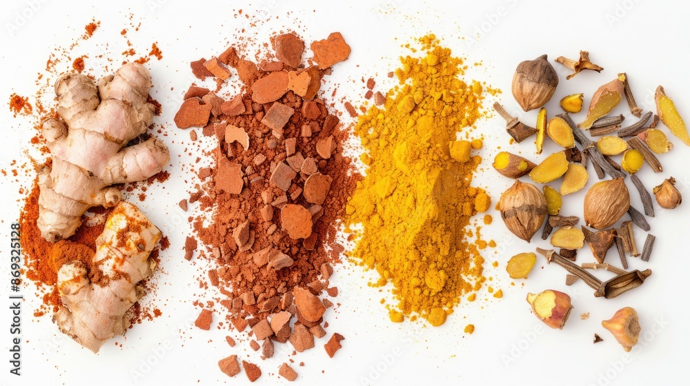 Poster A collection of various spices and nuts arranged on a white background