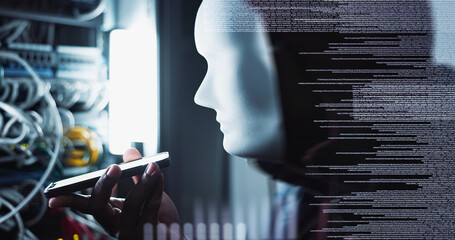 Hacker, overlay and phone technology with code for cybersecurity, information on web for crime....