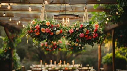 Obraz premium A wreath of flowers is hanging from a tree