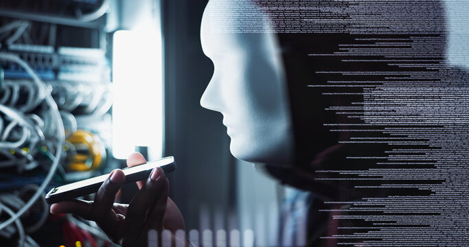 Hacker, overlay and phone technology with code for cybersecurity, information on web for crime. Male person, data center or ransomware with mobile for phishing, glitch for user with internet files