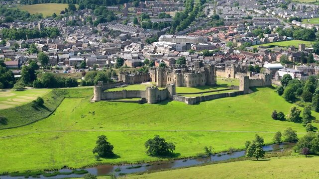 Aerial drone footage of Alnwick Castle in Northumberland in summer