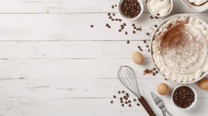 A top-down view of a white wooden table with a bowl of whipped cream, a small cake, a bowl of coffee beans, and a small spoon