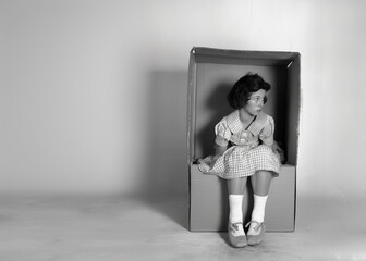 Woman inside big cardboard box. Vintage style, girl poses like a doll. Artistic portrait,...