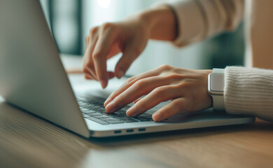 Hands write on a keyboard. Detail, close-up photo of hands typing on the keys of a laptop. IT, work from home, internet, modern technologies.