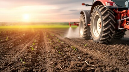 A tractor applies fertilizer to a field of soil. The white fertilizer is being sprayed in a line across the field