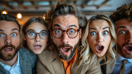 A funny photo of a group of business people in an office team looking at the camera with confused and surprised mood with big ball eyes and open mouth