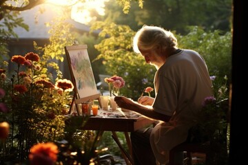 Senior artist immersed in their work, painting a scene in the backyard during the golden hours of the morning.