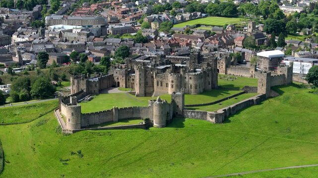Aerial drone footage of Alnwick Castle in Northumberland in summer