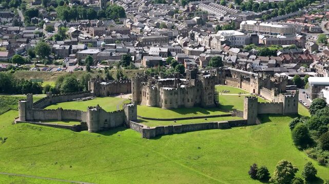 Aerial drone footage of Alnwick Castle in Northumberland in summer