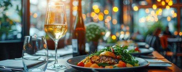 A close-up view of a business lunch in a city restaurant, highlighting a vibrant dining atmosphere with copy space. Double exposure silhouettes blend with culinary scenes.